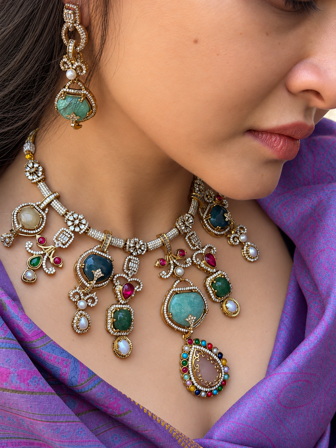 Nurvi Turquoise Multi Fusion Doublet Zircon Necklace Set