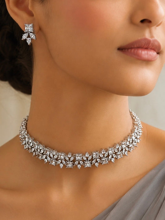 Farah American Diamond Choker Necklace Set for Women for Festive and Wedding Wear