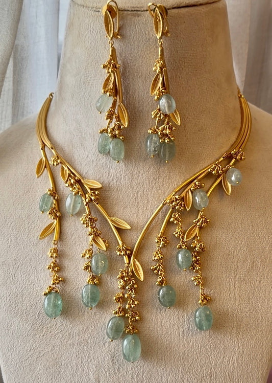 Lata Leaf Necklace Set with Faux Emerald Drops