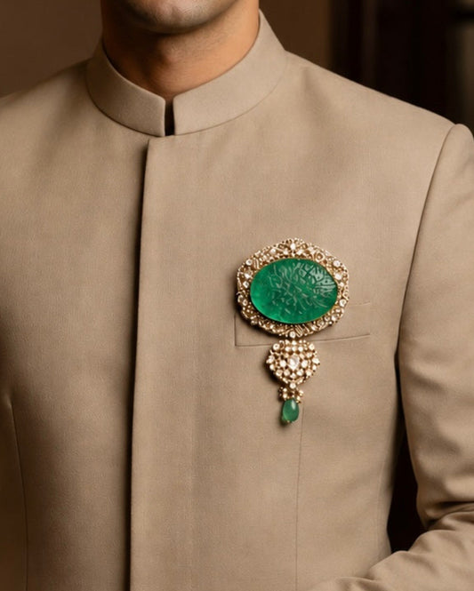 Indraneel Men's Polki Brooch – Emerald Green & Polki Stones for Groom & Festive Wear