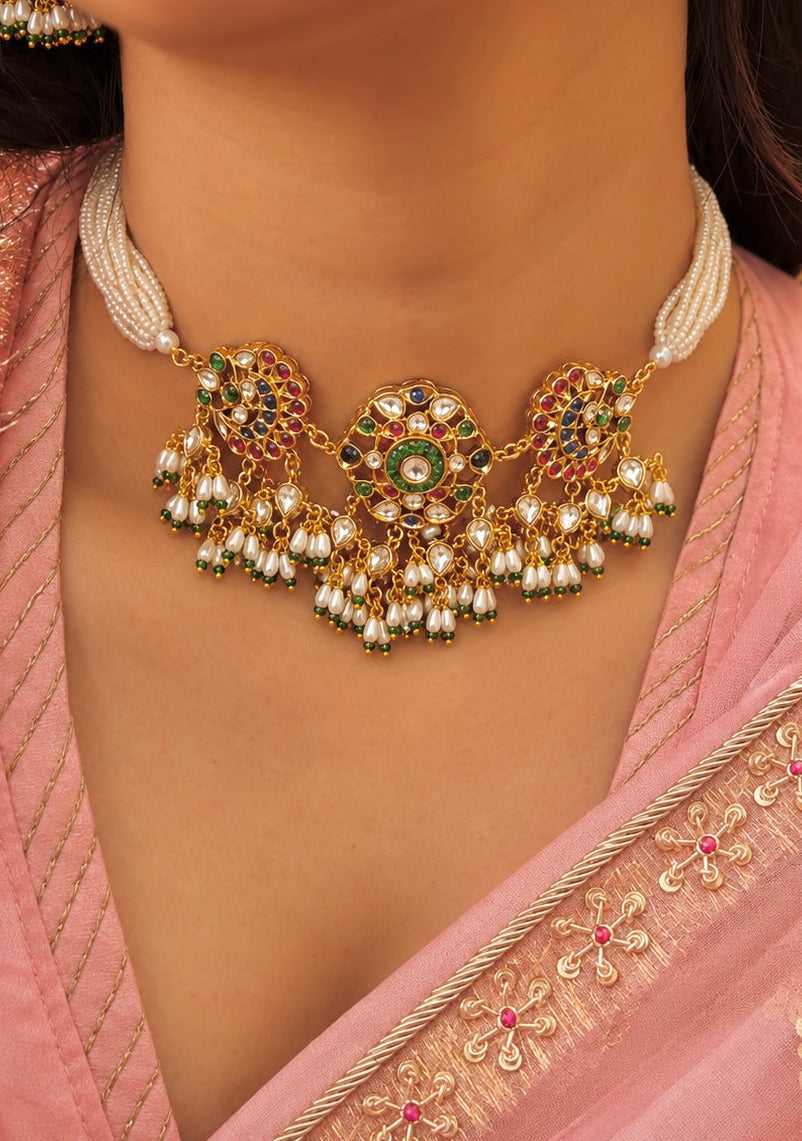 Magar Jodi Multicolour Polki Choker Necklace Set