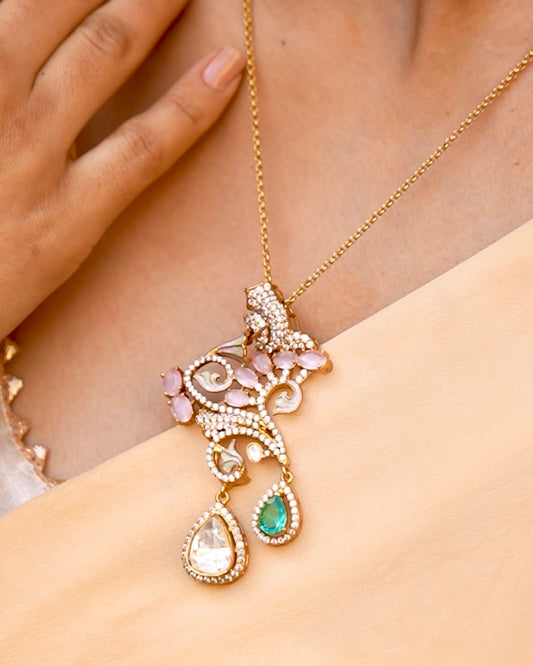 Manmohini Mossanite Polki Pendant Set- Gold Plated