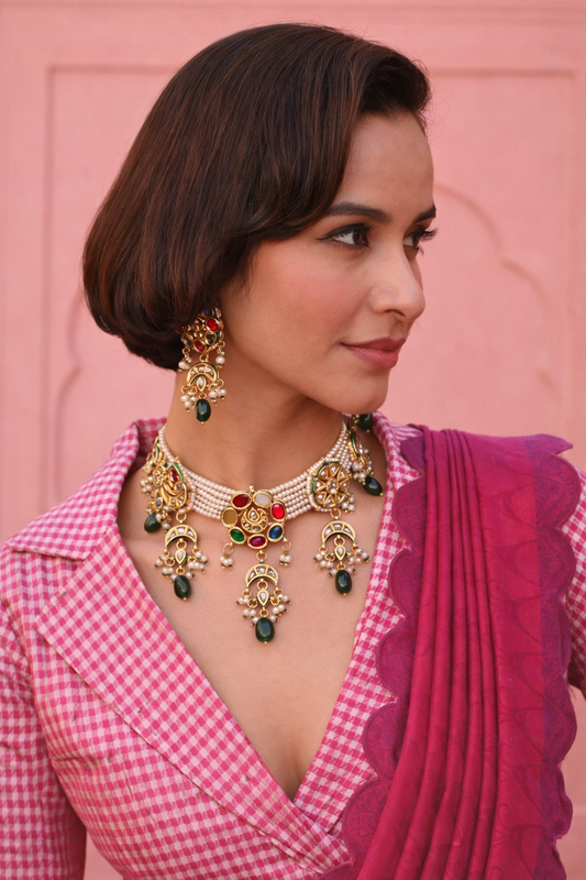 Udaipur Polki Navratna Choker Necklace Set
