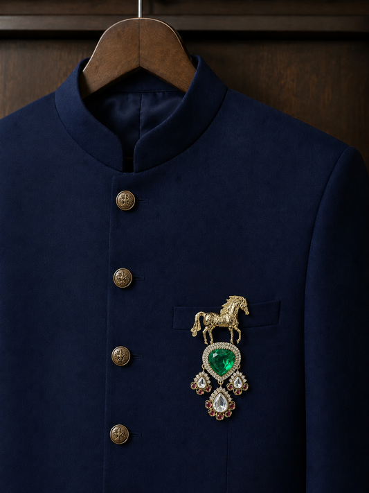 Veer Men's Horse Brooch – Emerald Green & Ruby Red Stones for Wedding & Festive Wear