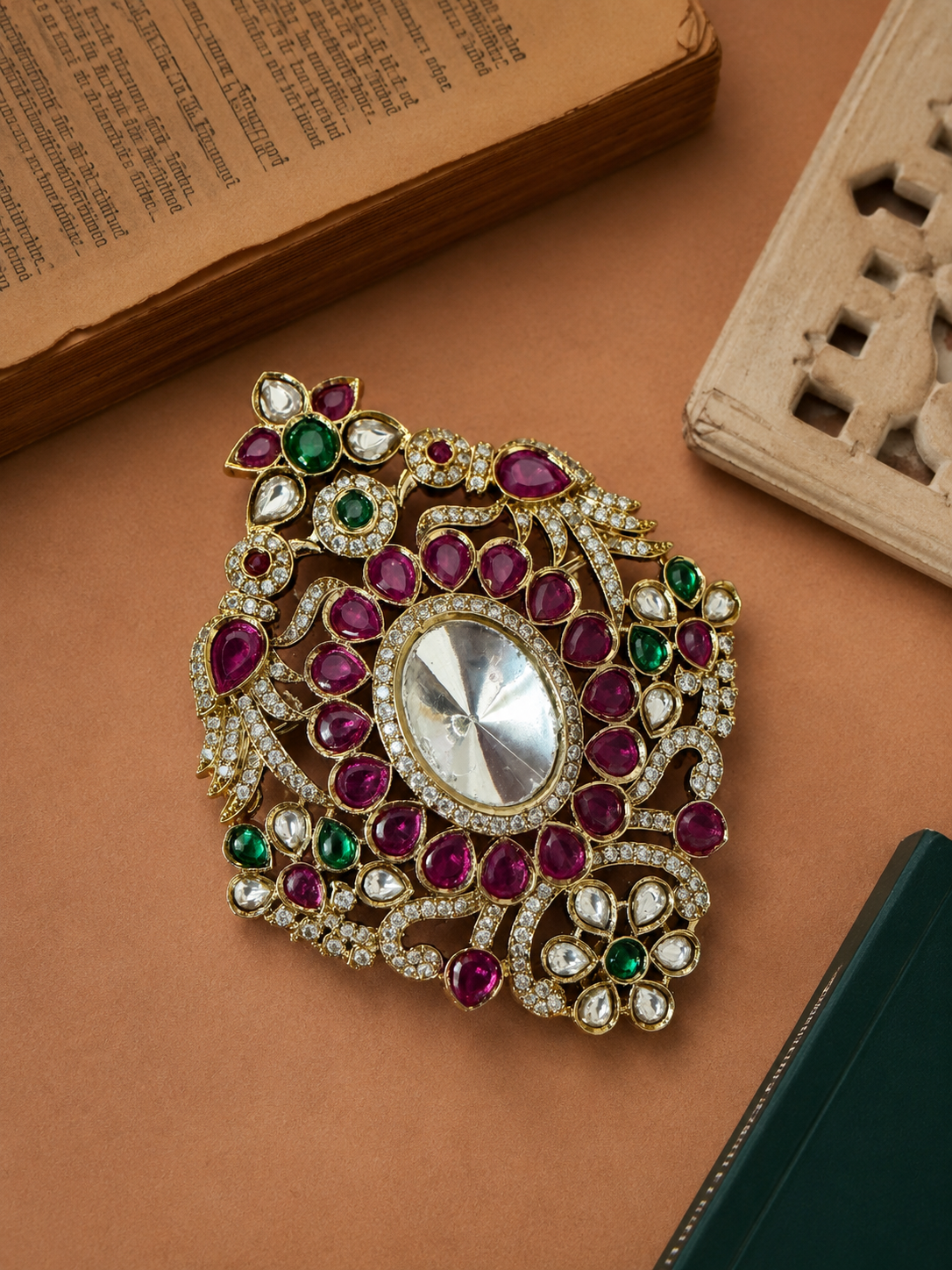 Moksha Men's Polki Brooch – Emerald Green & Ruby Red Stones for Wedding & Festive Wear