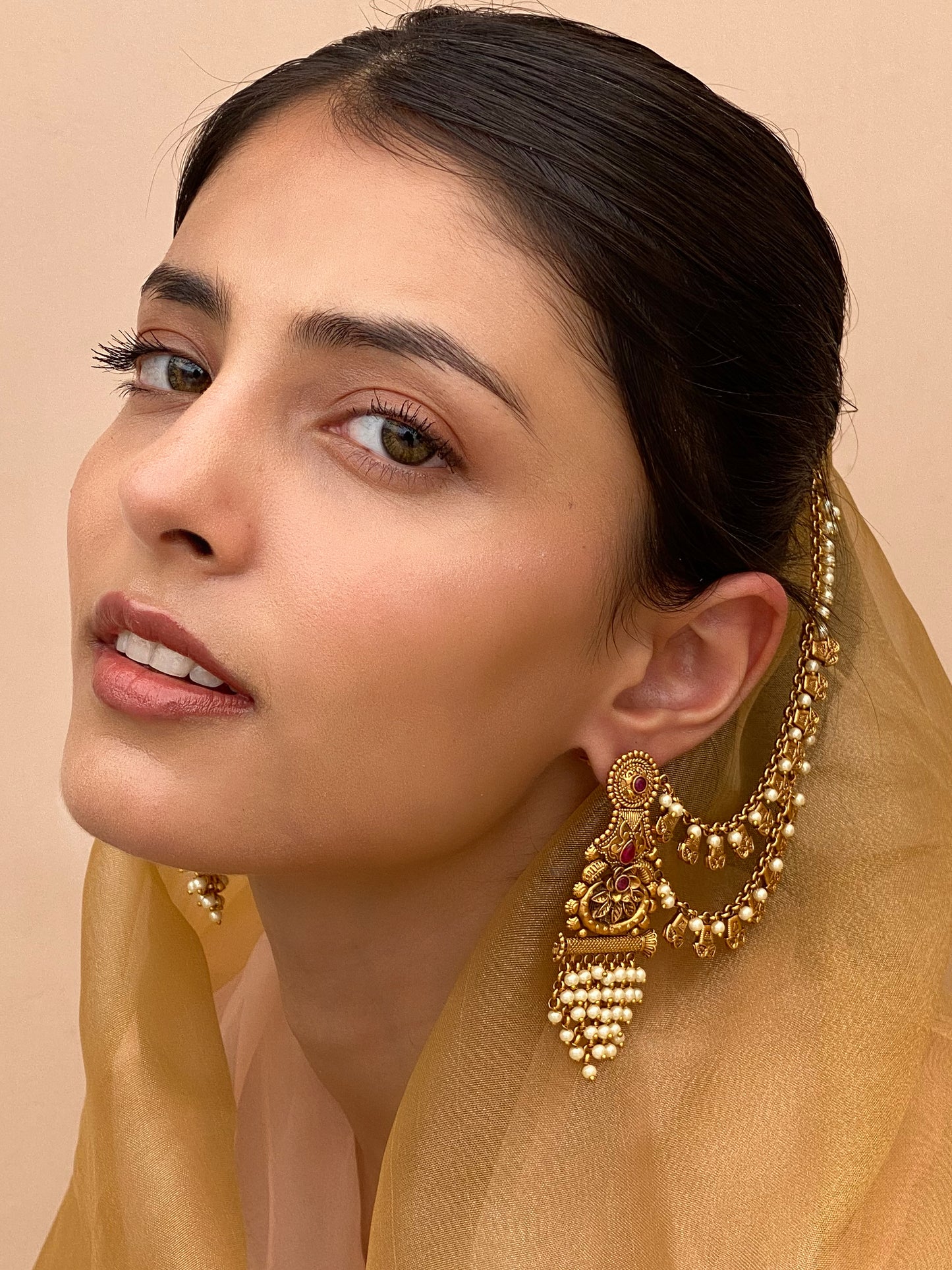Shirin Antique Gold Finish Ear Chain Earrings
