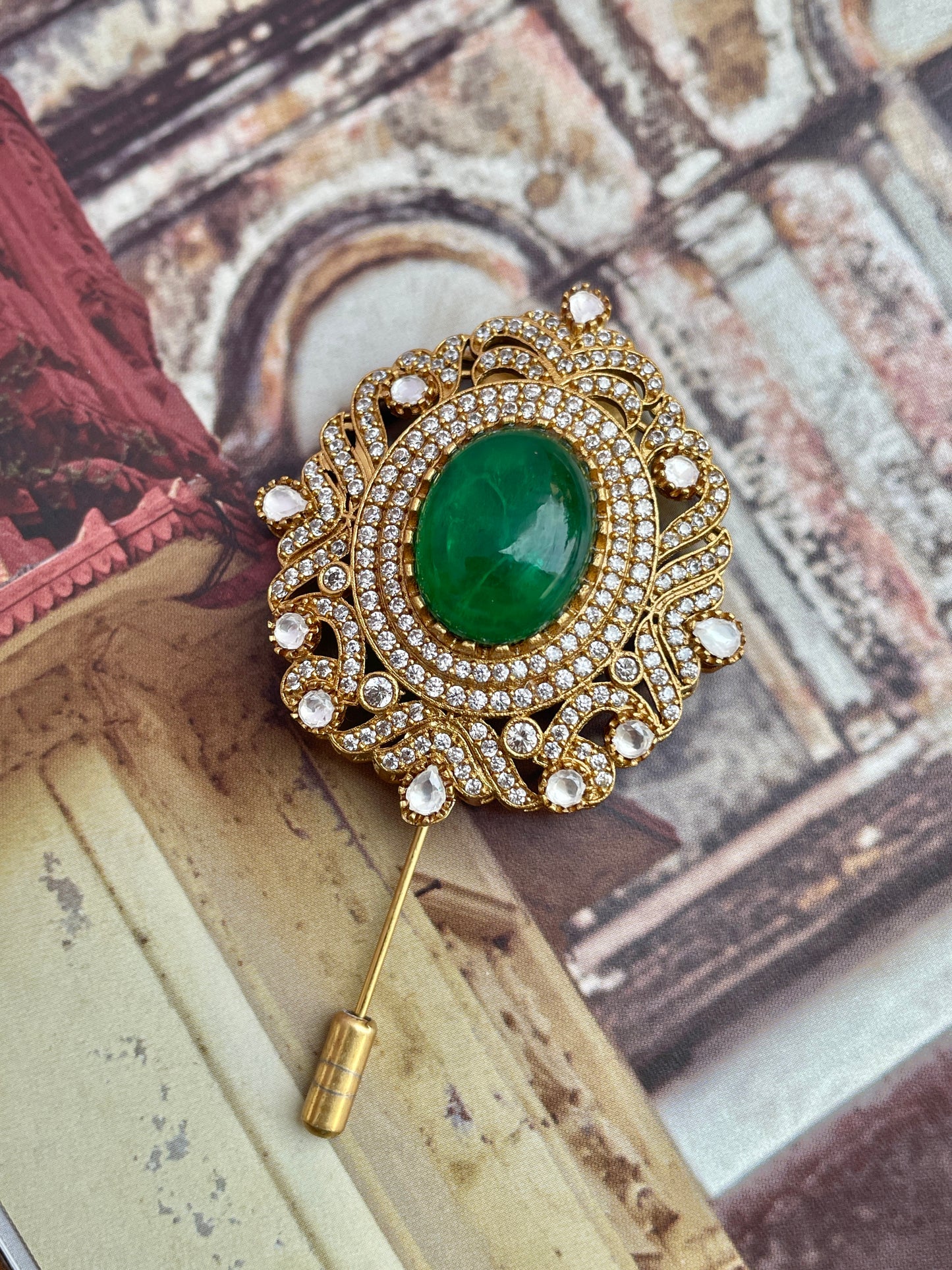 Dhwaj Emerald and Zircon Lapel Pin