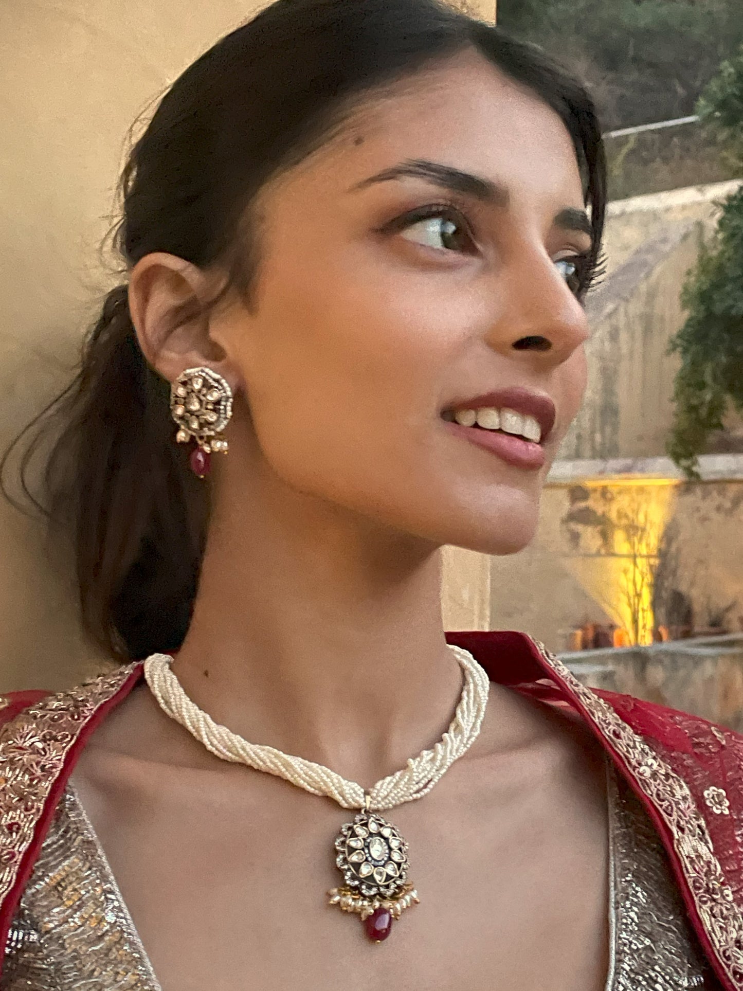 Rupni Victorian Necklace Set with Real Ruby Drops