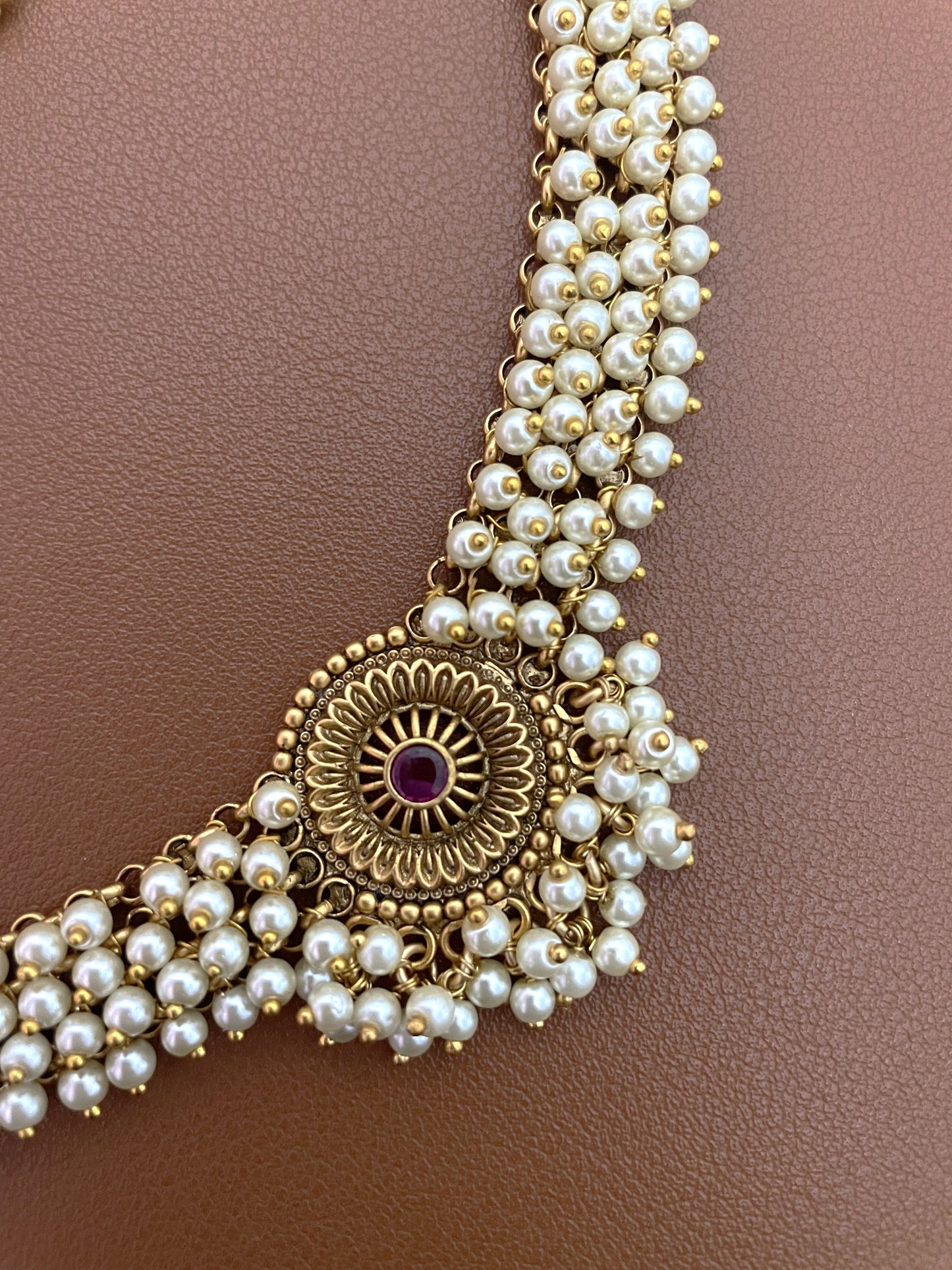Riyah Antique Gold Finish Pearl Necklace Set