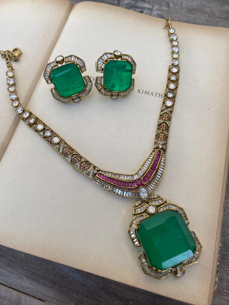 Afsaana Emerald Polki Necklace Set
