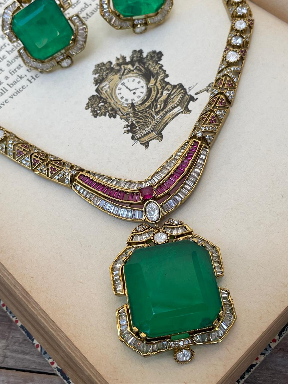 Afsaana Emerald Polki Necklace Set